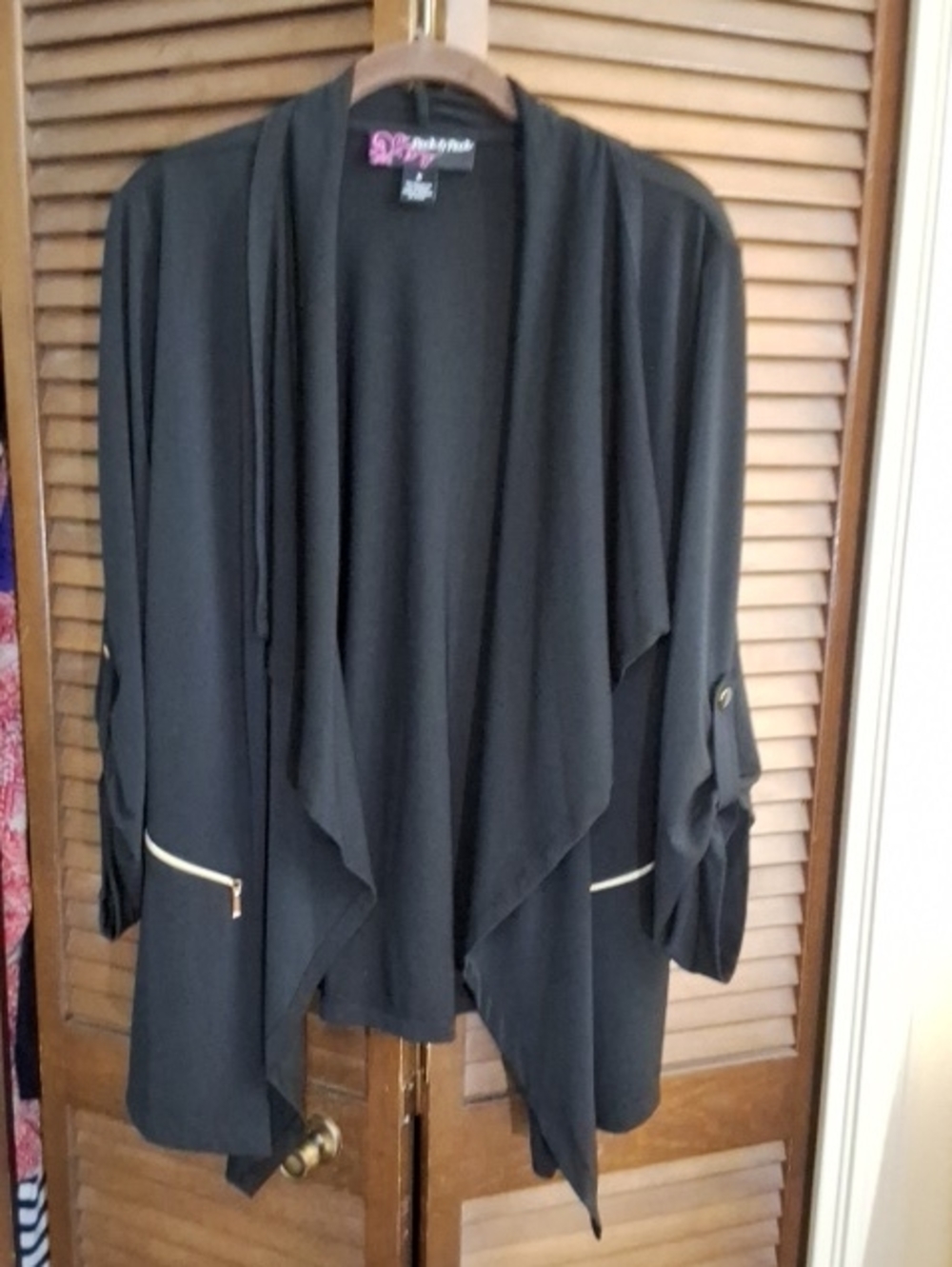 Peck & Peck Black Draped Open-Front Jacket with Gold Zippers
